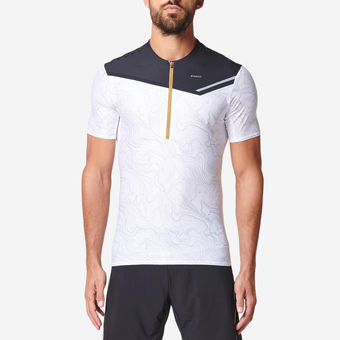 MEN'S TRAIL RUNNING SHORT-SLEEVED ZIP T-SHIRT - GEOGRAPHICAL BLACK WHITE