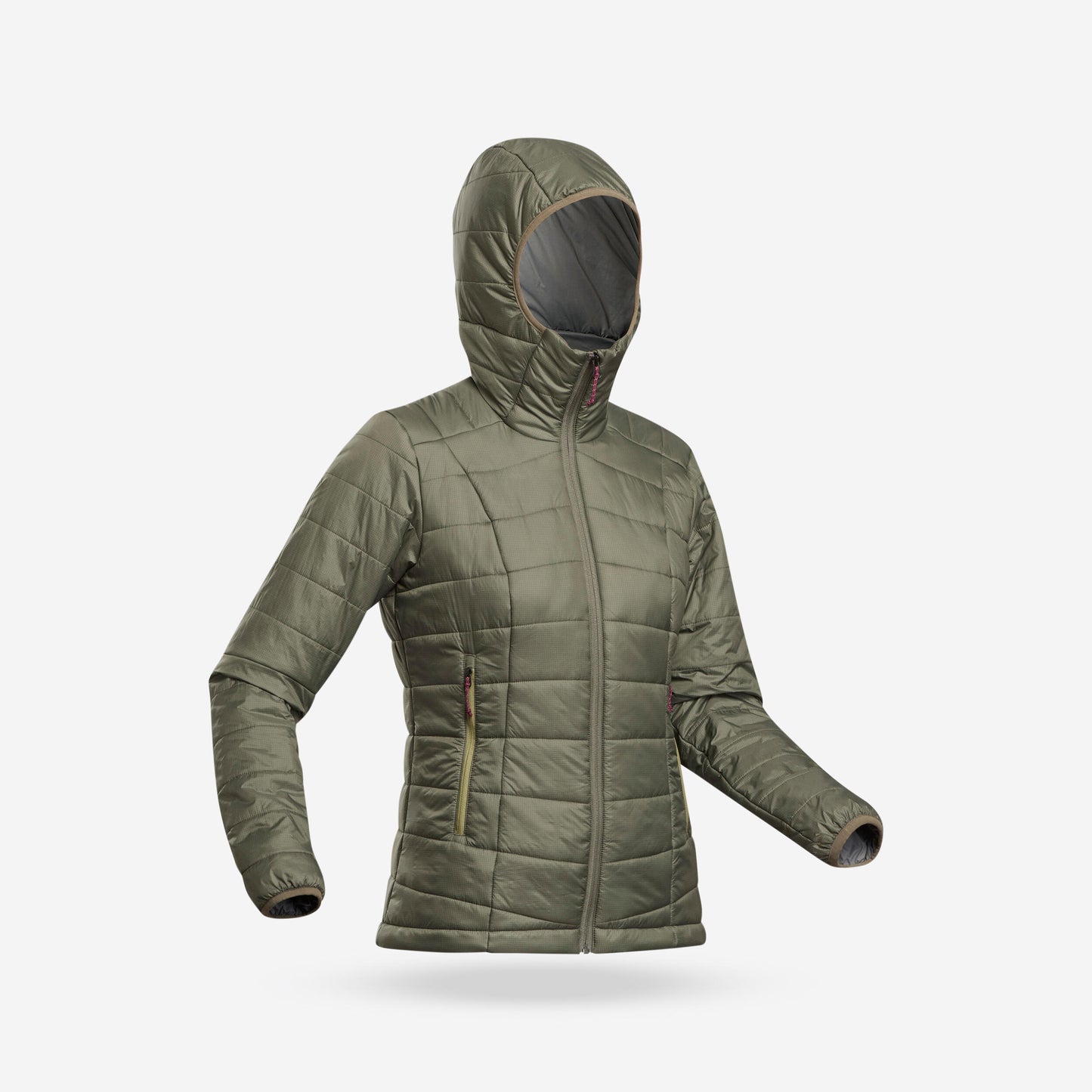 Women's synthetic trekking down jacket with hood MT100 - Khaki