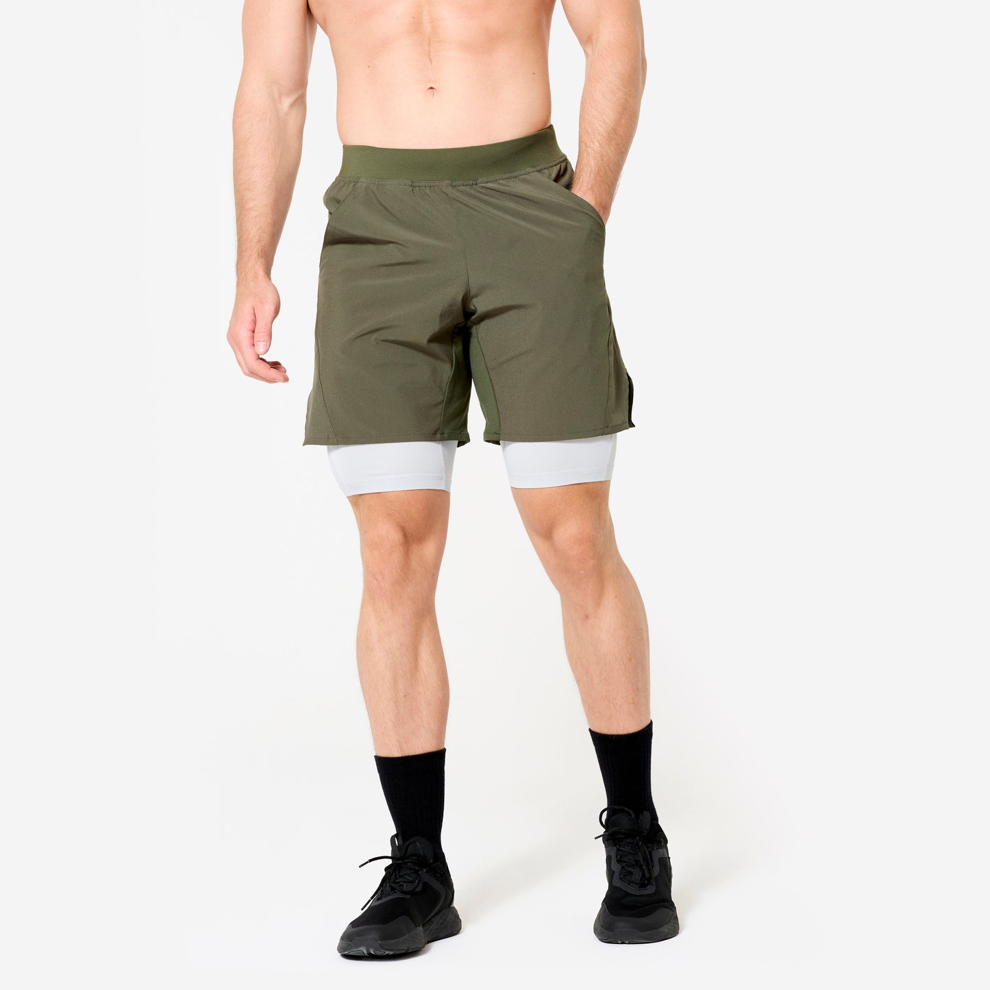 Men's Fitness Zip Pocket Breathable 2-in-1 Shorts - Khaki