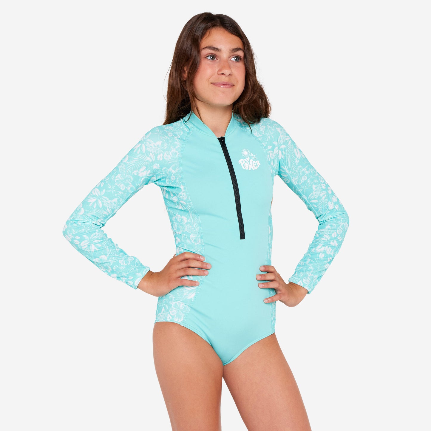 Girls' surfing front zip long sleeve one-piece swimsuit - 500 turquoise