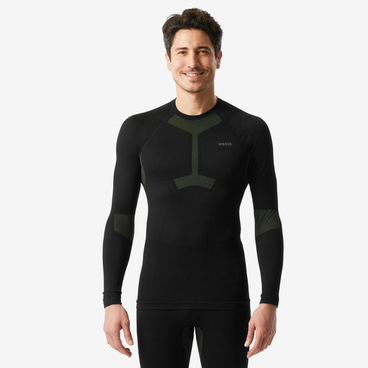Men's Warm and Seamless Base Layer Ski Top BL500 - Black and Khaki
