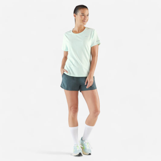 Women's Breathable Running T-shirt Kiprun Run 500 dry-blue green