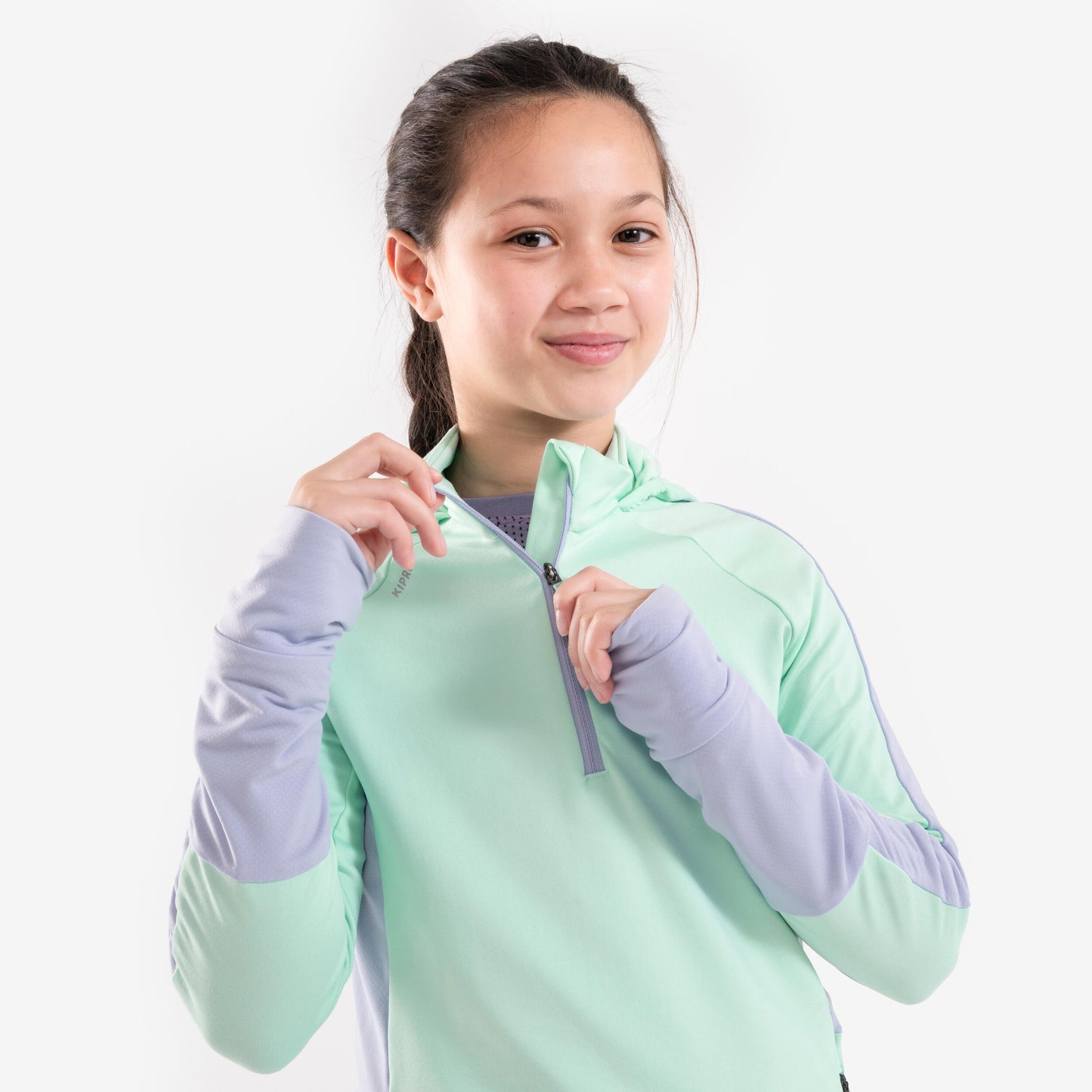 Girls' Warm Long-Sleeved Zipped T-Shirt KIPRUN WARM+ 900 - Green Grey