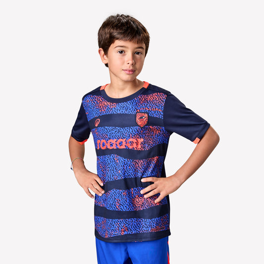 Kids' Short-Sleeved Football Shirt Viralto Roarrr Rhino Stripey - Blue/Purple