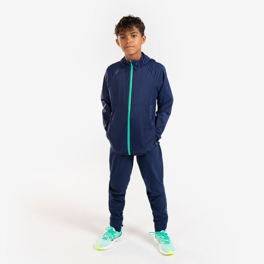 Kids' Kiprun Wind running windproof hooded jacket - navy green