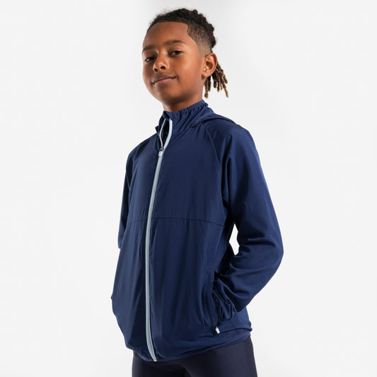 KIDS' WINDPROOF RUNNING JACKET - KIPRUN WIND - NAVY BLUE GREY