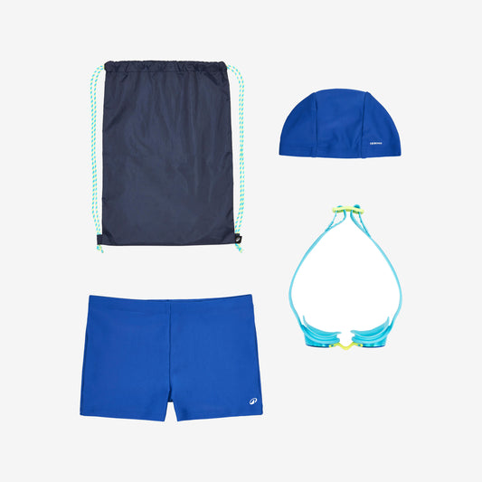 Swimming kit for boys: swimsuit, goggles, cap, bag - 100 Blue