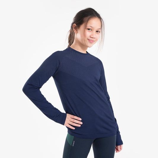 Kids' KIPRUN SKINCARE long-sleeved running T-shirt - navy grey
