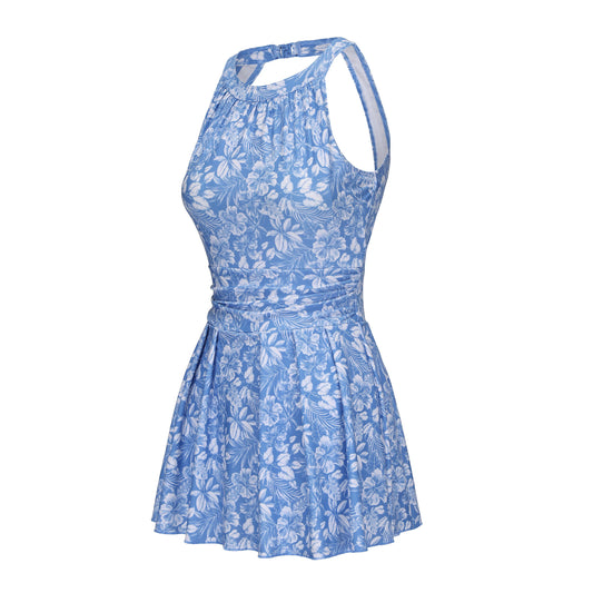 Women's 1-piece skirt swimsuit - CN Amber - HIBISCUS BLUE