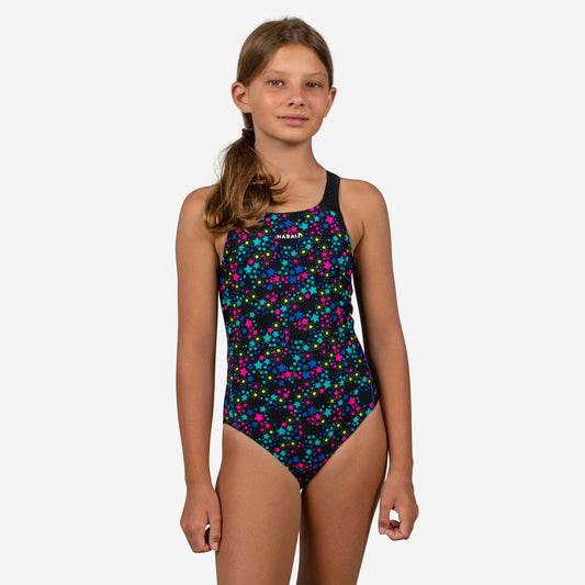 Girls' swimming 1-piece swimsuit - 500 Kamyleon sky black green