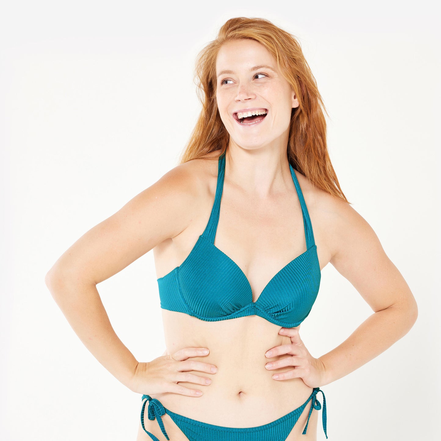 Women's surfing textured push-up bikini top - Elena folk petrol blue