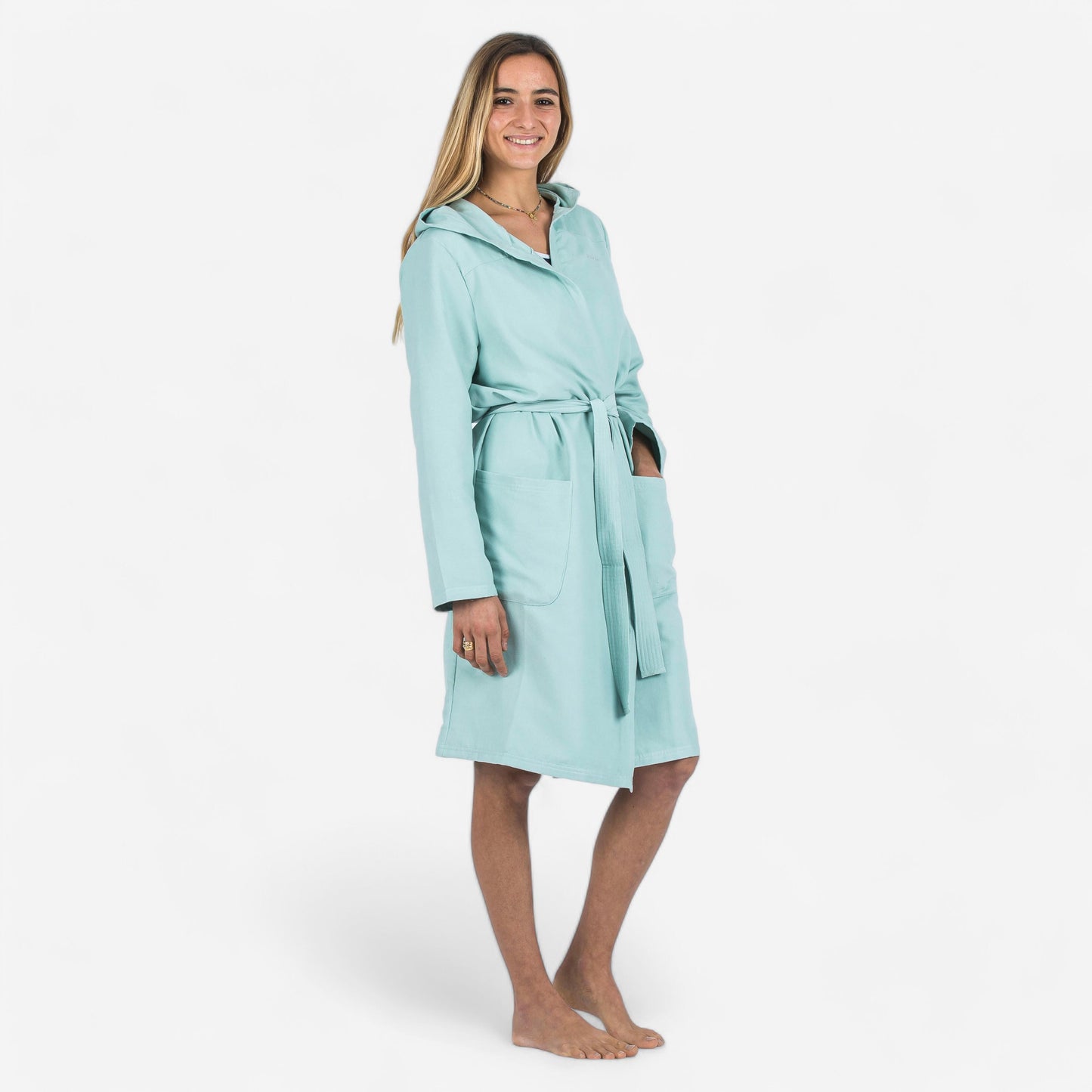 Women's compact microfibre pool bathrobe with hood light green