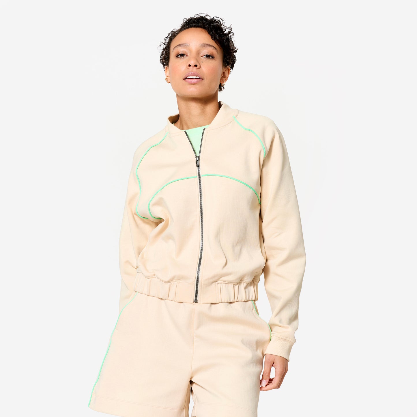 Women's Zipped Bomber Jacket - Beige with Green Piping