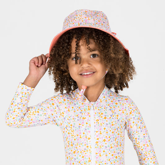 Baby reversible UV-protection hat - coral and flower print
