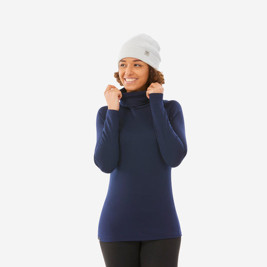 Women's Warm, Breathable Turtleneck Ski Base Layer BL 500 - Navy Blue