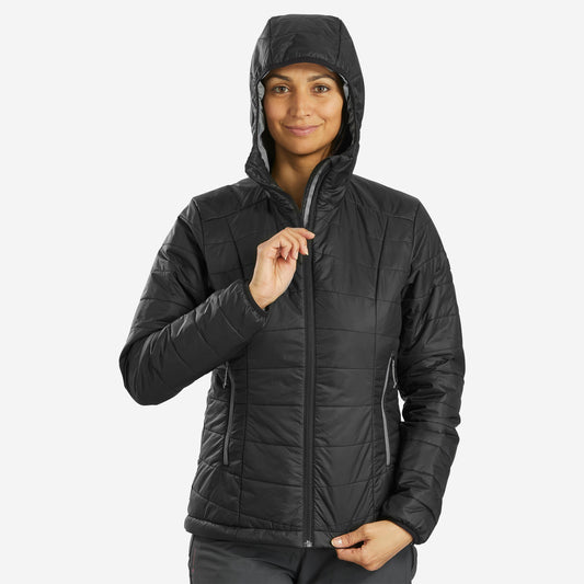 Women's synthetic trekking padded jacket with hood, MT100 - Black