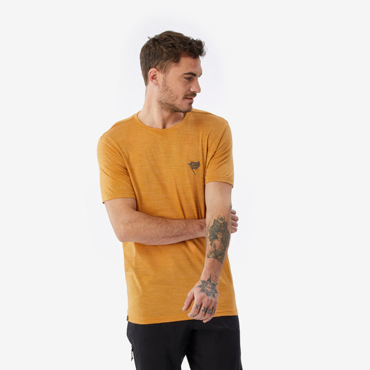 Men's short-sleeved Merino wool hiking travel t-shirt - TRAVEL 500 yellow