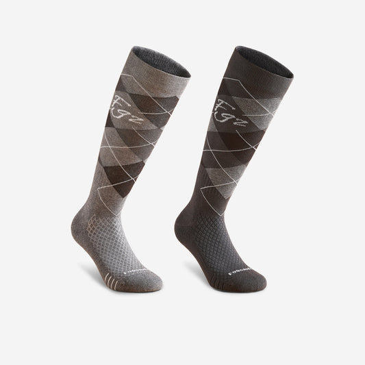 Adult Horse Riding Socks 500 Twin-Pack - Grey/Black Diamonds
